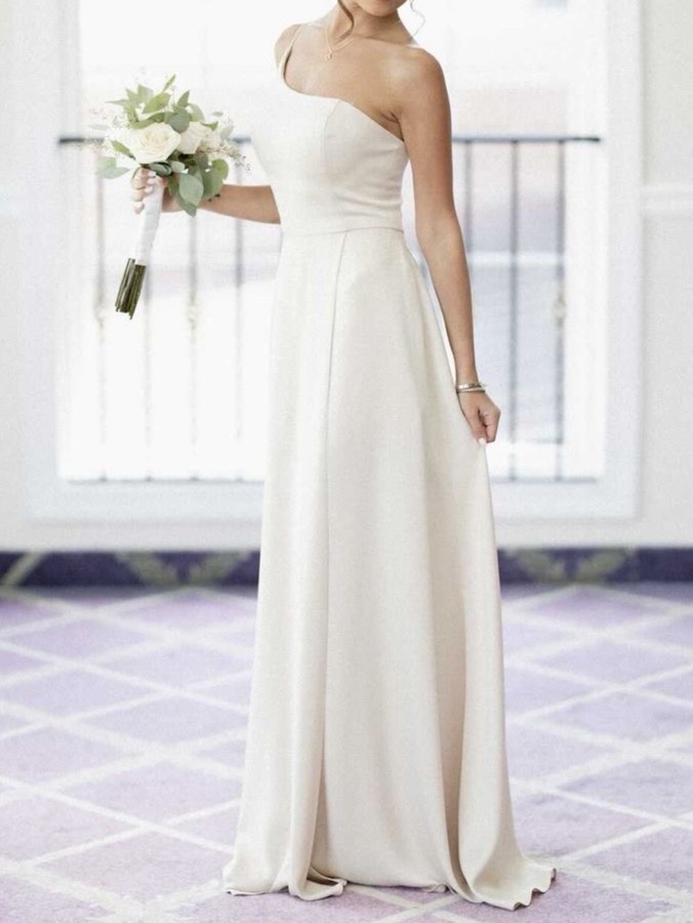 David's Bridal One-Shoulder Ivory A-Line Gown